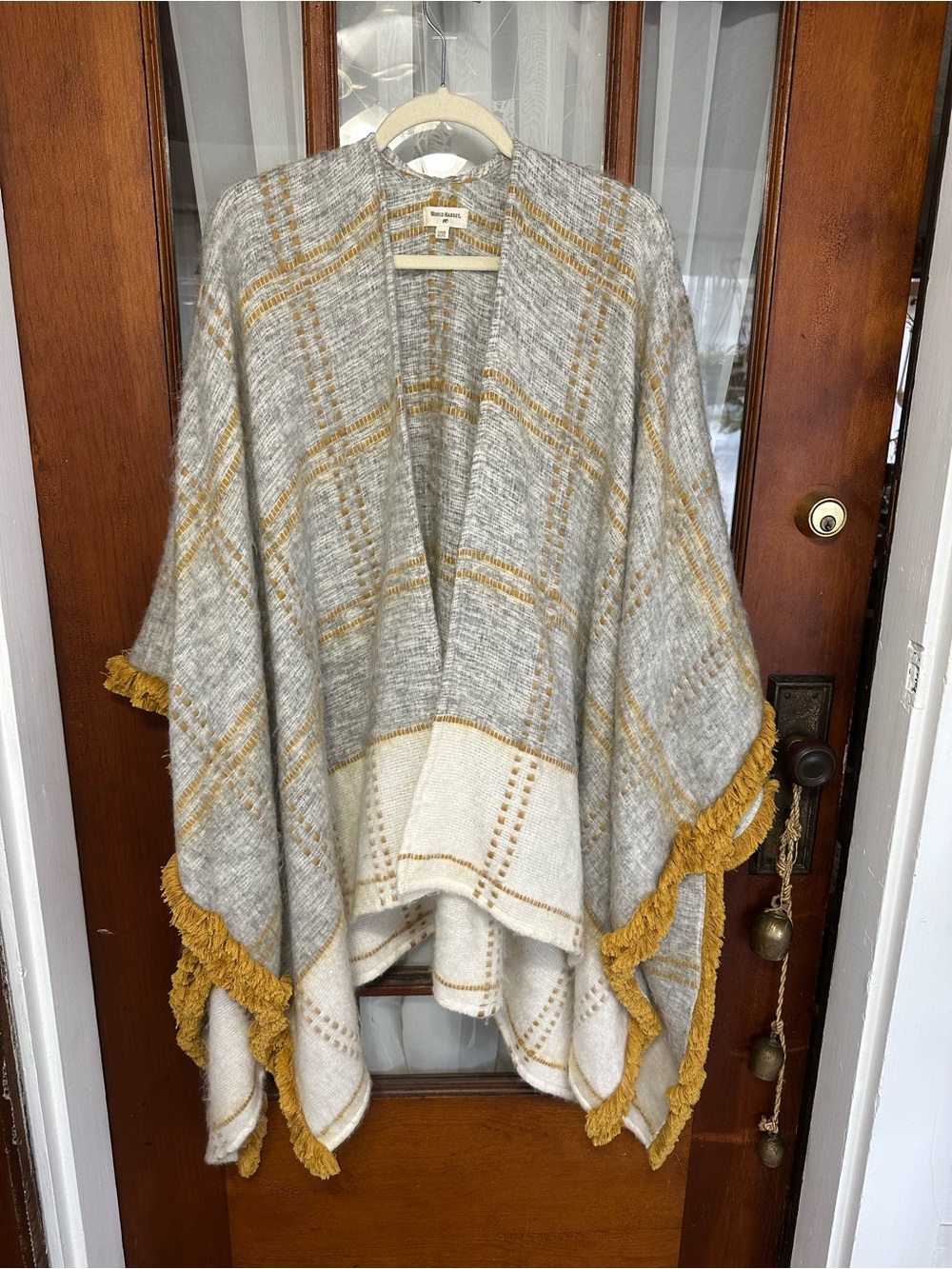 Cost Plus World Market Grey & Mustard Fringe Throw Poncho Wrap Cape